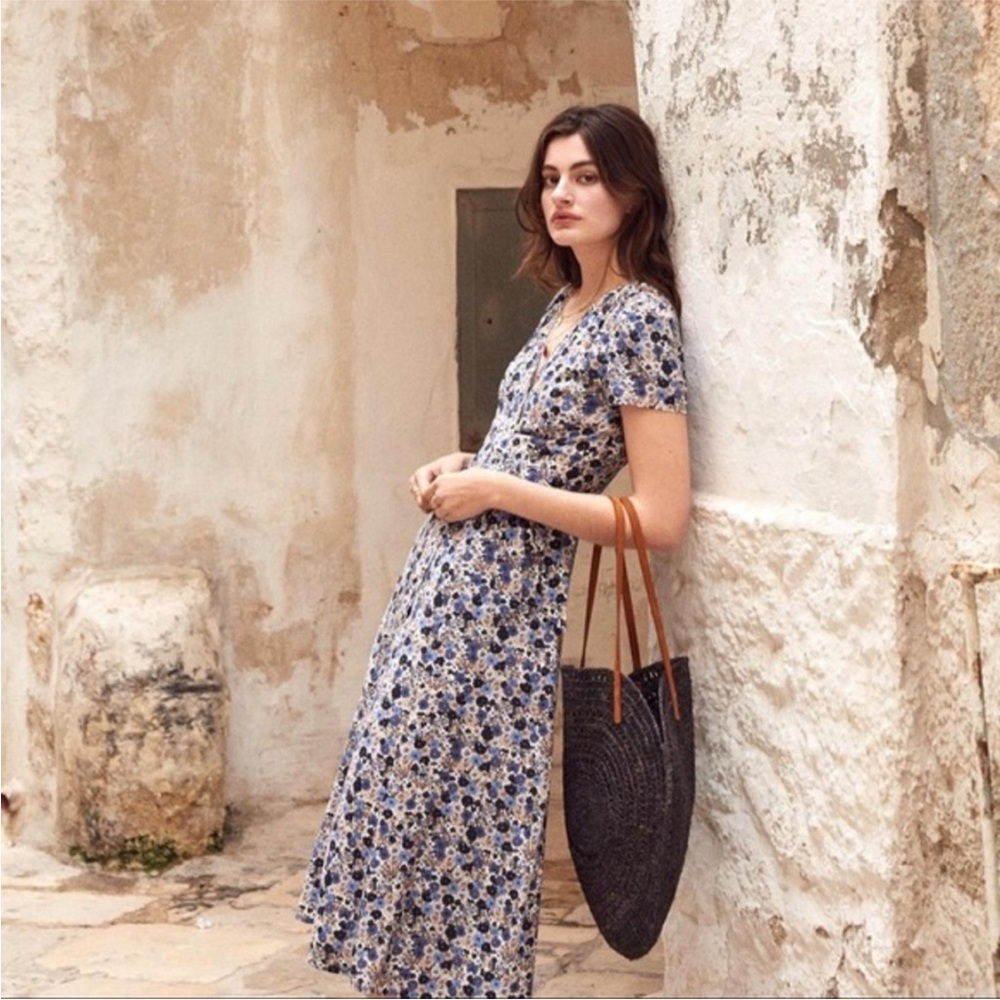 Sezane Amber wrap floral flower print navy midi dress size 38